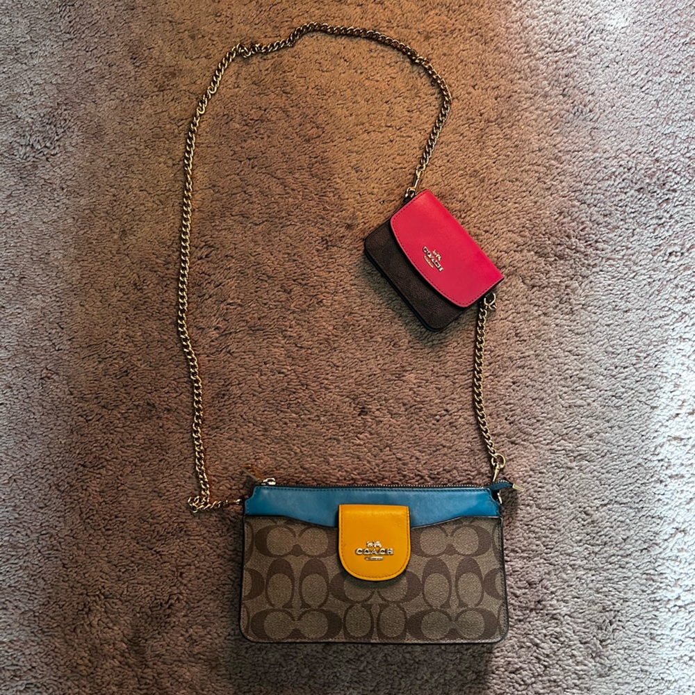 Coach Brown and Blue Crossbody Bag with Yellow and Pink Accents
